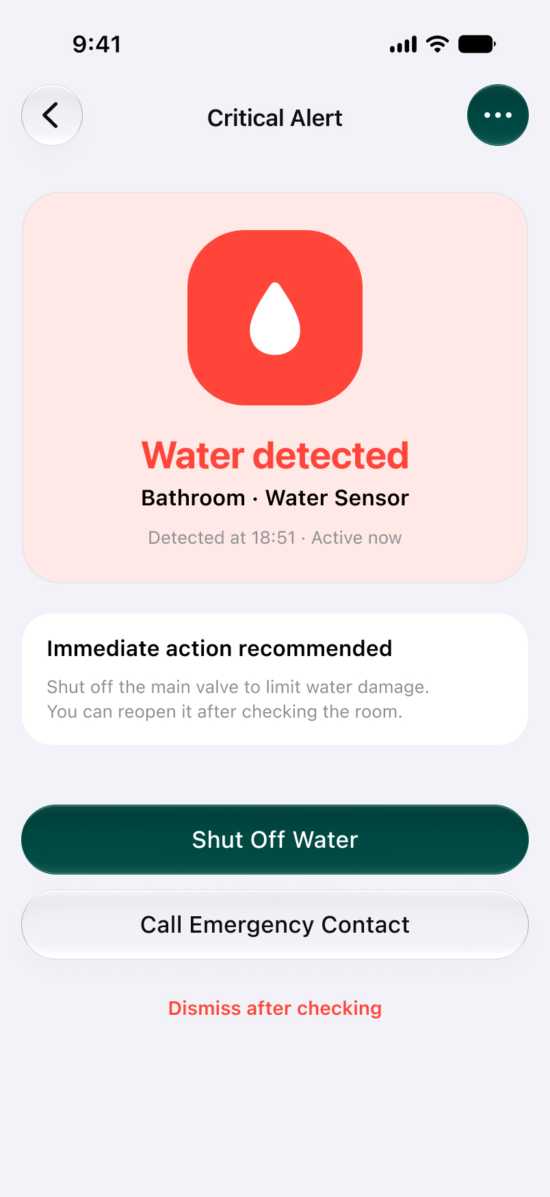 Switch App critical water alert screen